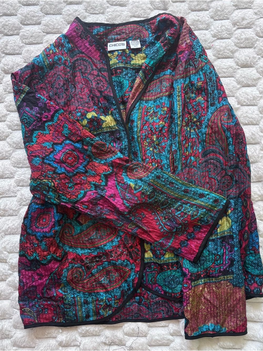 Chico's Multicolor 100% silk Paisley Open Jacket - Teal/Pink/Yellow-Women’s S/2